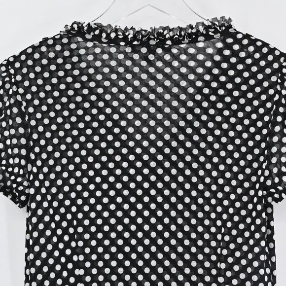 NEW INC Womens Polka Dot Mesh Ruffle V-Neck Top Black White Stretch Size Small - Picture 5 of 8